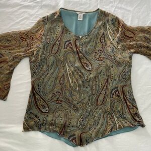 Edward Womens Silk Paisley Blouse XL Teal Sheer Bell Sleeve Romantic Boho